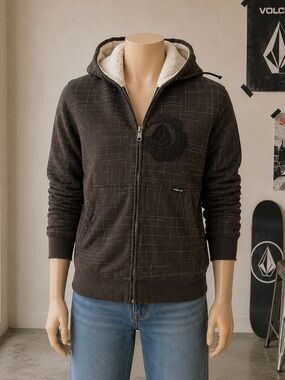 Y2K Volcom Fleece Lined Sherpa Hoodie Jacket Brown Plaid Men’s S